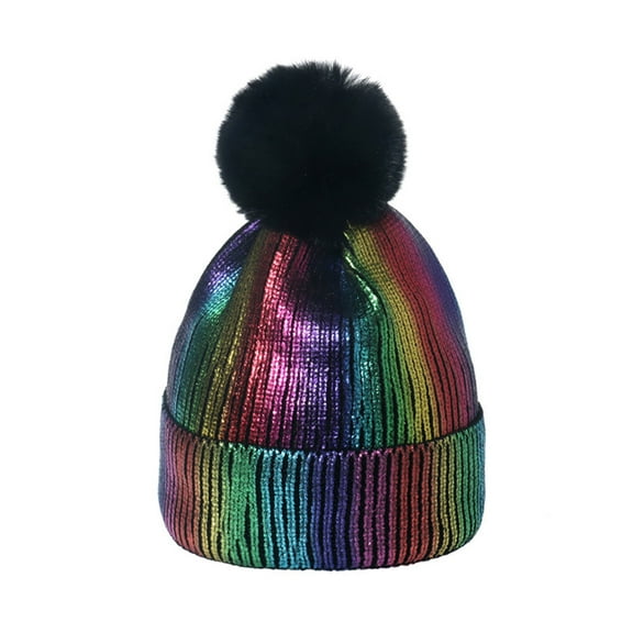 Alkepwun Beanies Hats Men Faux Fur Pom Pom Glitter Metallic Beanie Hat Warm Soft Winter Knit Hat Stretchy Cuffed Skull Cap for Christmas Party