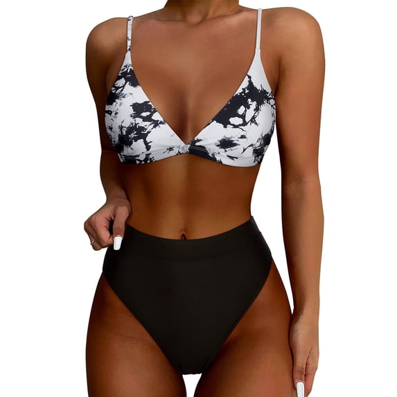 Alkepwun Bikini Sets Women's Solid Color Sexy Triangle Bathing Suit Adjustable Thin-Strap Padded Bandeau Top and High-Waisted Tummy-Control Triangle Bottom