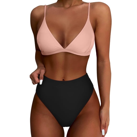 Alkepwun Bikini Sets Women's Solid Color Sexy Triangle Bathing Suit Adjustable Thin-Strap Padded Bandeau Top and High-Waisted Tummy-Control Triangle Bottom