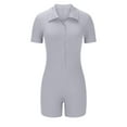 thumbnail image 1 of Alkepwun Bodysuits for Women Ribbed Lapel Neck Snap-Front Short Sleeve Slim Fitting Workout Shorts Jumpsuits Stretch Tummy Control Moisture-Wicking Yoga Workout Rompers, 1 of 4