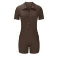 thumbnail image 1 of Alkepwun Bodysuits for Women Ribbed Lapel Neck Snap-Front Short Sleeve Slim Fitting Workout Shorts Jumpsuits Stretch Tummy Control Moisture-Wicking Yoga Workout Rompers, 1 of 4