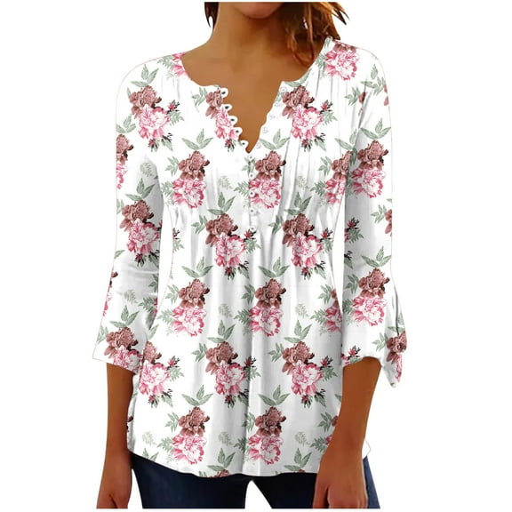 Alkepwun Bohemian Tops for Women Trendy All-Over Print Sexy T-Shirt 3/4 Bell Sleeve V Neck Shirts Blouse Casual Loose Button Down Shirts Tops