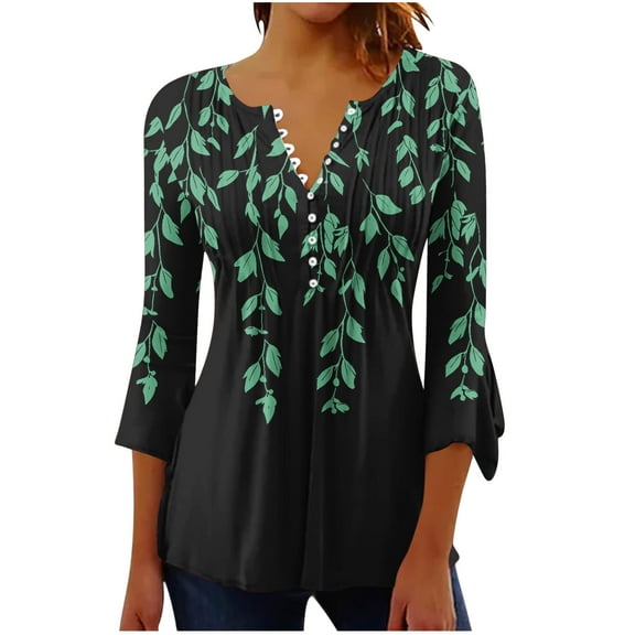 Alkepwun Bohemian Tops for Women Trendy All-Over Print Sexy T-Shirt 3/4 Bell Sleeve V Neck Shirts Blouse Casual Loose Button Down Shirts Tops