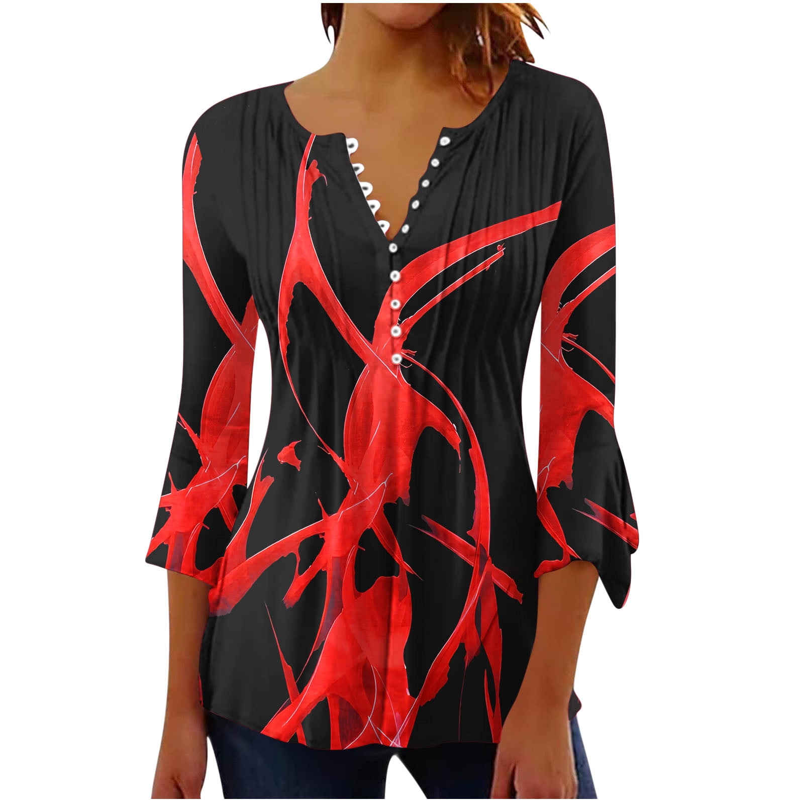 Women's Loose Fit Tunic Top - V-Neck Henley With 3/4 Bell Sleeves & Boho Floral Print - View #8