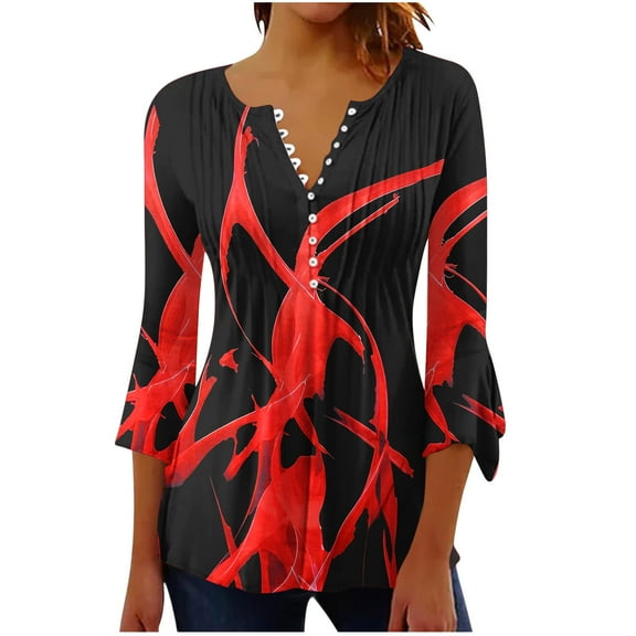 Alkepwun Bohemian Tops for Women Trendy All-Over Print Sexy T-Shirt 3/4 Bell Sleeve V Neck Shirts Blouse Casual Loose Button Down Shirts Tops