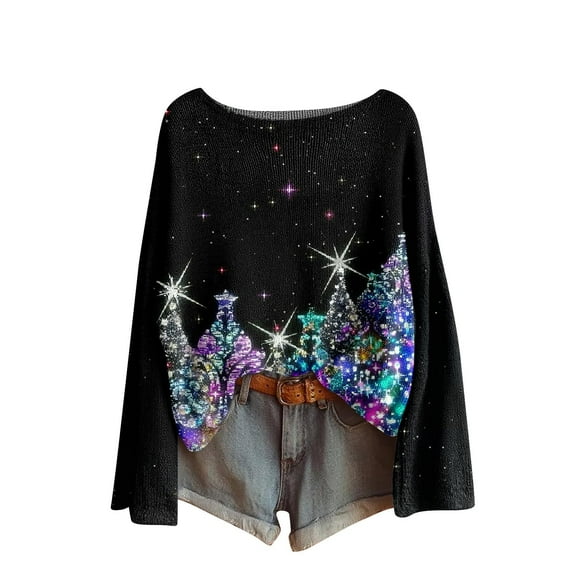 Alkepwun Boho Tops for Women Vintage Print Long-Sleeve Crewneck Knit Pullover Loose Fit Comfortable Stretch Soft Versatile Oversized Top