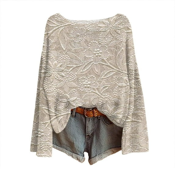 Alkepwun Boho Tops for Women Vintage Print Long-Sleeve Crewneck Knit Pullover Loose Fit Comfortable Stretch Soft Versatile Oversized Top