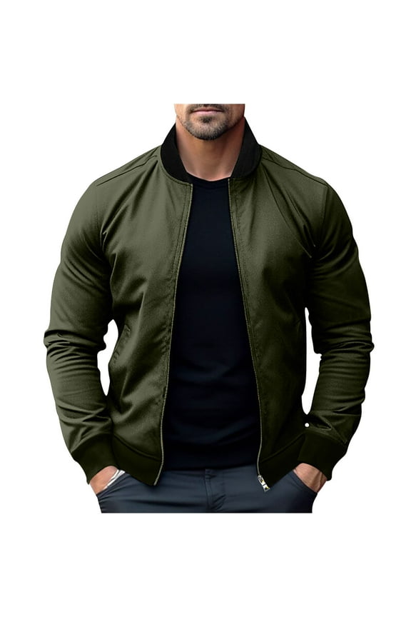 Bomber Jacket Men Slim Fit Stand Collar Lightweight Windbreaker Outdwear with Pockets Ribbed Cuffs Warm Long Sleeve Coat Long Zip Stretch Cropped Hoodless Casual Jacket