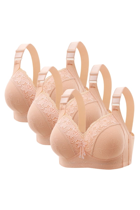 Bras for Women Full Coverage Sexy Floral Lace Plus Size Wire Free Push Up Bra Soft Comfort Adjustable Straps Side Boob Control Underwear 3PC