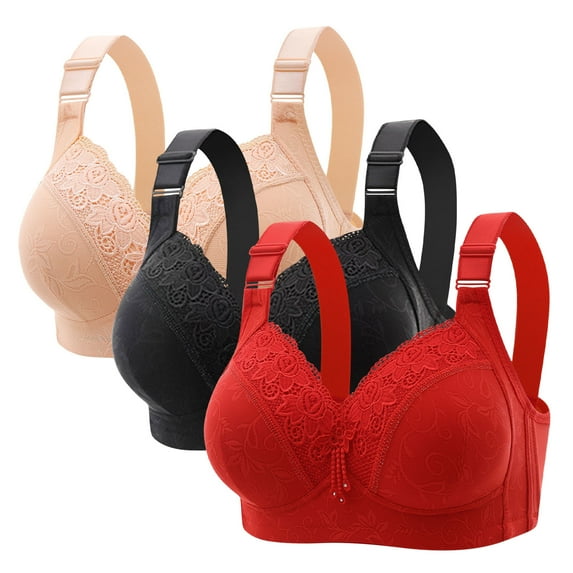 Alkepwun Bras for Women Full Coverage Sexy Floral Lace Plus Size Wire Free Push Up Bra Soft Comfort Adjustable Straps Side Boob Control Underwear 3PC