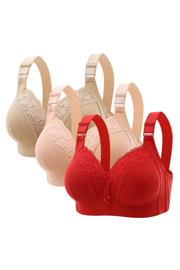 Bras for Women Full Coverage Sexy Floral Lace Plus Size Wire Free Push Up Bra Soft Comfort Adjustable Straps Side Boob Control Underwear 3PC