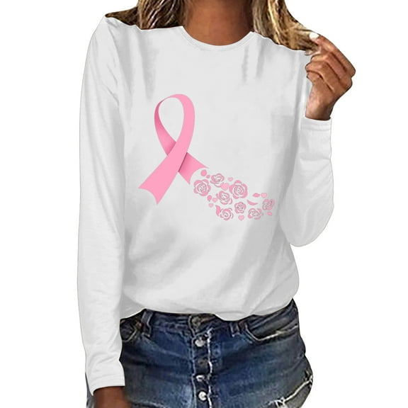 Alkepwun Breast Cancer Awareness Shirts for Women Casual Crew Neck Graphic Printed Tshirt Care Gifts Long Sleeve Tee Top