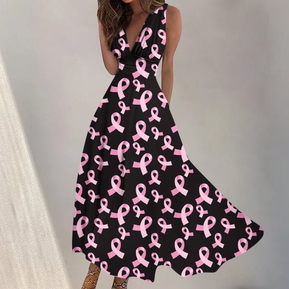 Alkepwun Breast Cancer Maxi Dresses for Women Pink Ribbon Print Ruched Wrap V Neck Cocktail Dress Cancer Fight Awareness Party Long Tank Flowy Dress