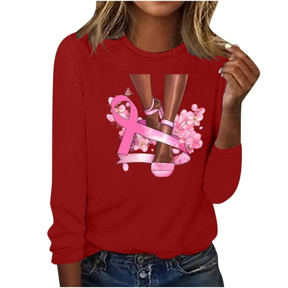 Alkepwun Breast Cancer Pink Ribbon T Shirt for Women Awareness Long Sleeve Shirts Casual Printed Round Neck Pullover Tops