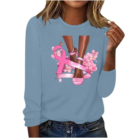 Alkepwun Breast Cancer Pink Ribbon T Shirt for Women Awareness Long Sleeve Shirts Casual Printed Round Neck Pullover Tops