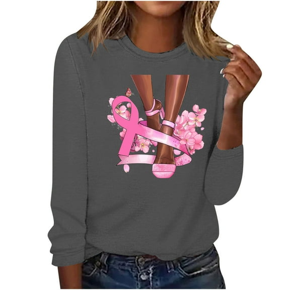 Alkepwun Breast Cancer Pink Ribbon T Shirt for Women Awareness Long Sleeve Shirts Casual Printed Round Neck Pullover Tops