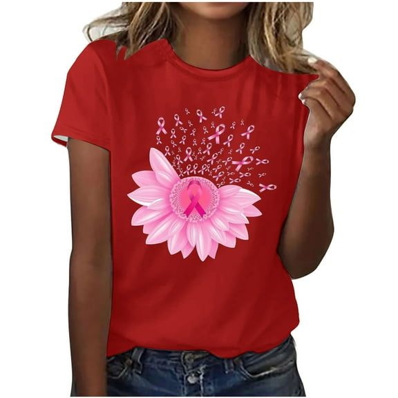 Alkepwun Breast Cancer Printed Shirts for Women Sunflower Pink Ribbons T-Shirt Breast Cancer Awareness Tee Tops