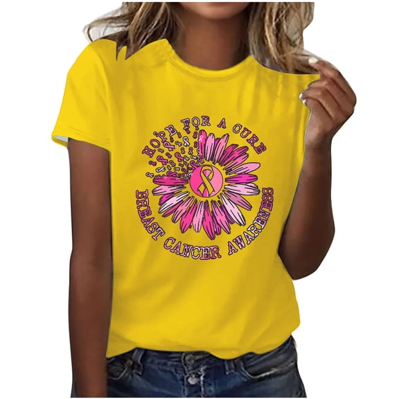 Alkepwun Breast Cancer Printed Shirts for Women Sunflower Pink Ribbons T-Shirt Breast Cancer Awareness Tee Tops