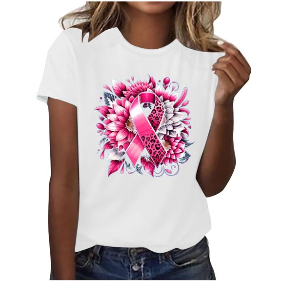 Alkepwun Breast Cancer Printed Shirts for Women Sunflower Pink Ribbons T-Shirt Breast Cancer Awareness Tee Tops
