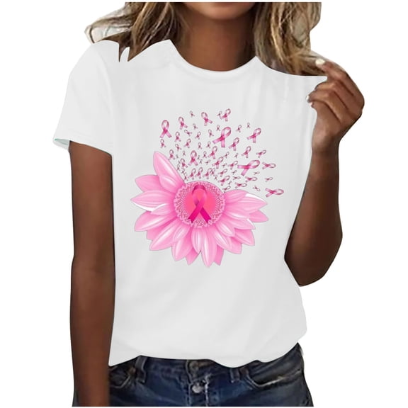 Alkepwun Breast Cancer Printed Shirts for Women Sunflower Pink Ribbons T-Shirt Breast Cancer Awareness Tee Tops