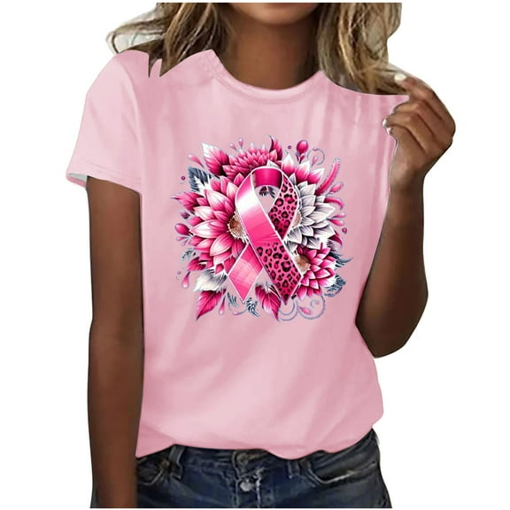 Alkepwun Breast Cancer Printed Shirts for Women Sunflower Pink Ribbons T-Shirt Breast Cancer Awareness Tee Tops