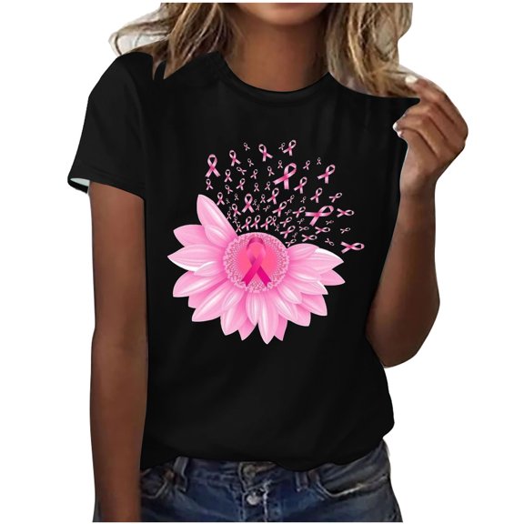 Alkepwun Breast Cancer Printed Shirts for Women Sunflower Pink Ribbons T-Shirt Breast Cancer Awareness Tee Tops