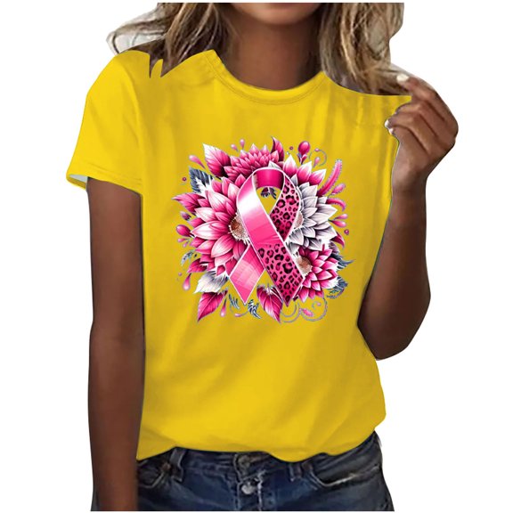 Alkepwun Breast Cancer Printed Shirts for Women Sunflower Pink Ribbons T-Shirt Breast Cancer Awareness Tee Tops