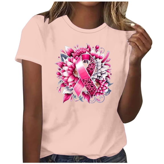 Alkepwun Breast Cancer Printed Shirts for Women Sunflower Pink Ribbons T-Shirt Breast Cancer Awareness Tee Tops