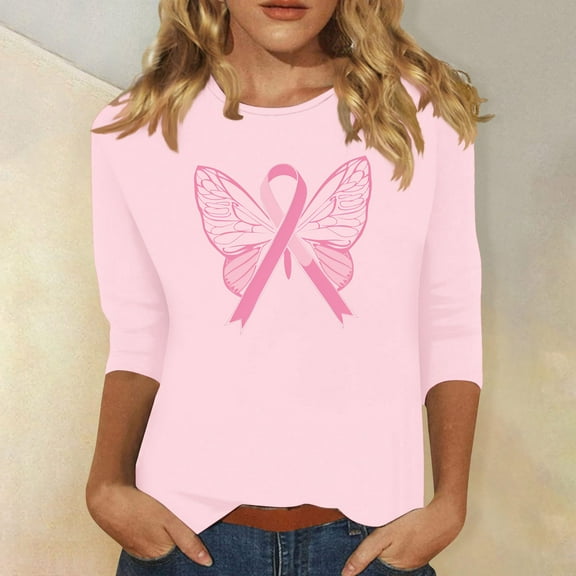 Alkepwun Breast Cancer Shirt for Women 3/4 Sleeve Tops Breast Cancer Awareness Tee Shirt Cancer Survivor T-Tops