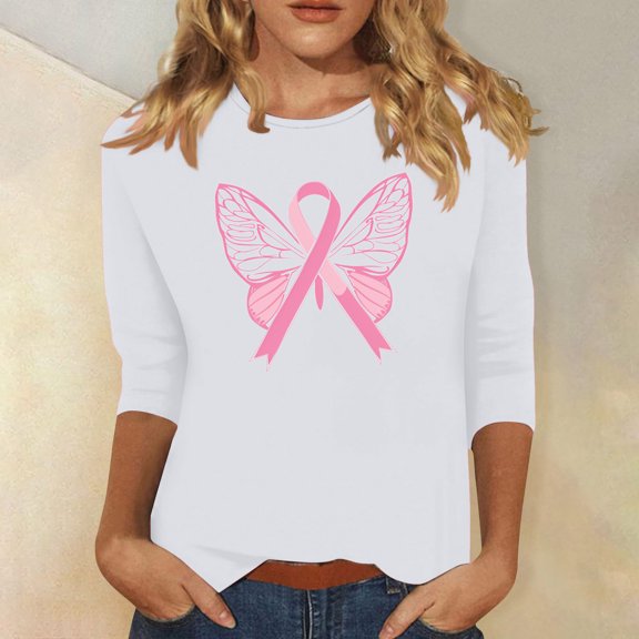 Alkepwun Breast Cancer Shirt for Women 3/4 Sleeve Tops Breast Cancer Awareness Tee Shirt Cancer Survivor T-Tops