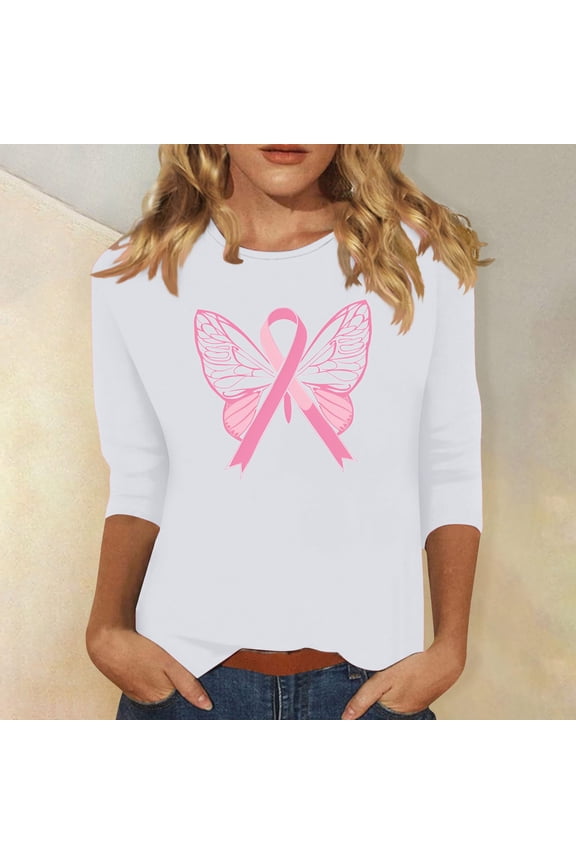 Breast Cancer Shirt for Women 3/4 Sleeve Tops Breast Cancer Awareness Tee Shirt Cancer Survivor T-Tops