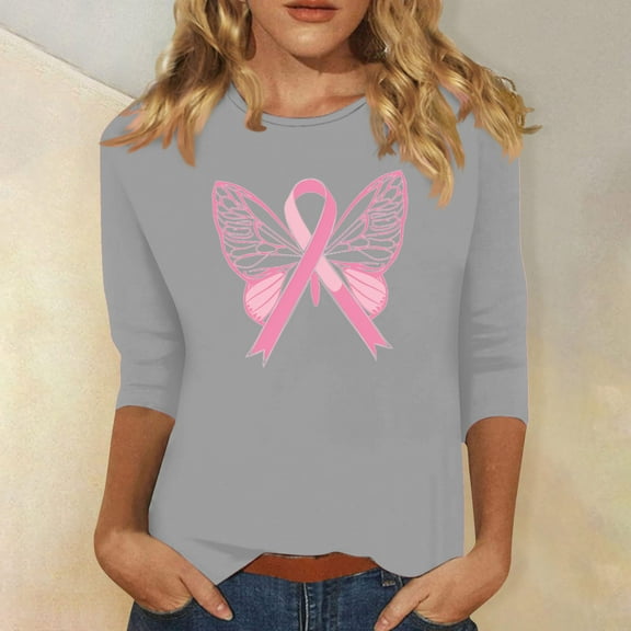 Alkepwun Breast Cancer Shirt for Women 3/4 Sleeve Tops Breast Cancer Awareness Tee Shirt Cancer Survivor T-Tops