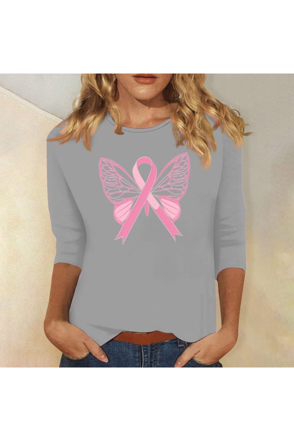 Breast Cancer Shirt for Women 3/4 Sleeve Tops Breast Cancer Awareness Tee Shirt Cancer Survivor T-Tops