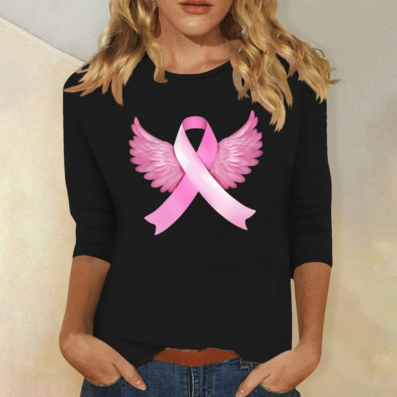 Alkepwun Breast Cancer Shirt for Women Angel Wings Pink Ribbon TShirt Cancer Fight Awareness Shirt Faith Casual 3/4 Sleeve Tops
