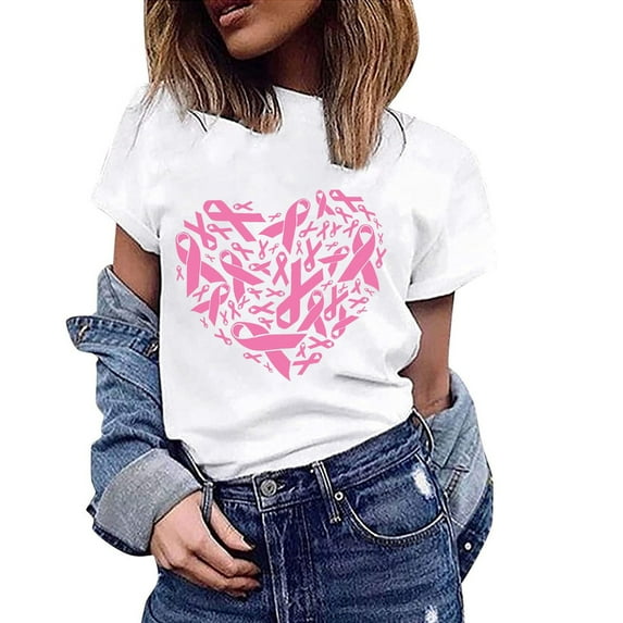 Alkepwun Breast Cancer Shirt for Women Heart Pink Ribbon Graphic Tees Breast Cancer Awareness Casual Crew Neck Short Sleeve T-Shirts Tops