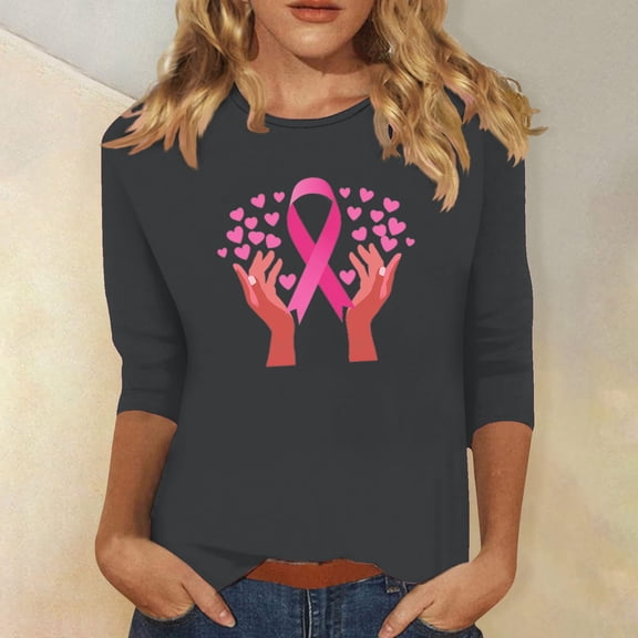 Alkepwun Breast Cancer Shirt for Women Love Heart Pink Ribbon Shirt Cancer Awareness T-Shirts Support Survival 3/4 Sleeve Tops