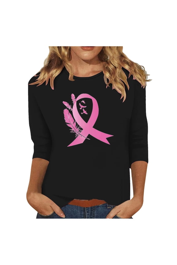 Breast Cancer Shirt for Women Love Heart Pink Ribbon Shirt Cancer Awareness T-Shirts Support Survival 3/4 Sleeve Tops