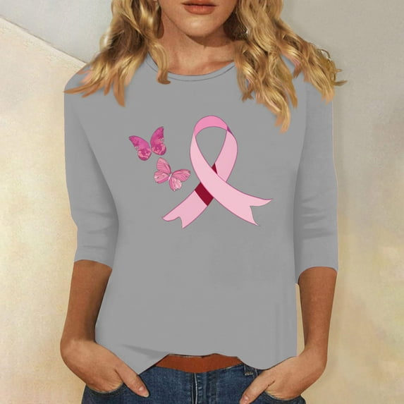 Alkepwun Breast Cancer Shirt for Women Pink Ribbon Shirts Cancer Survivor Support Gifts Pullover 3/4 Sleeve Tops
