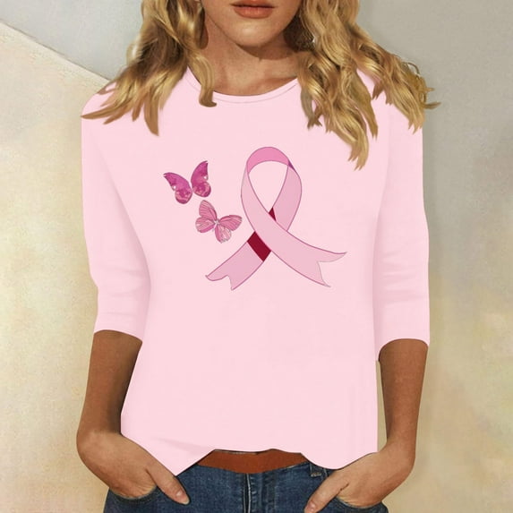 Alkepwun Breast Cancer Shirt for Women Pink Ribbon Shirts Cancer Survivor Support Gifts Pullover 3/4 Sleeve Tops