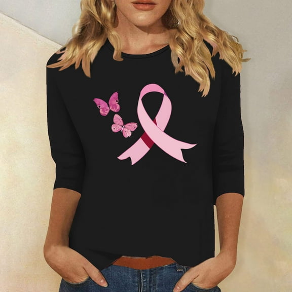 Alkepwun Breast Cancer Shirt for Women Pink Ribbon Shirts Cancer Survivor Support Gifts Pullover 3/4 Sleeve Tops