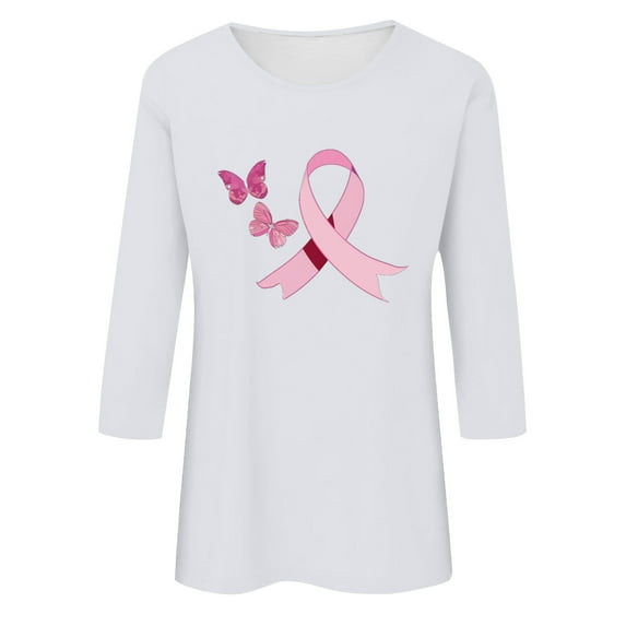 Alkepwun Breast Cancer Shirt for Women Pink Ribbon Shirts Cancer Survivor Support Gifts Pullover 3/4 Sleeve Tops