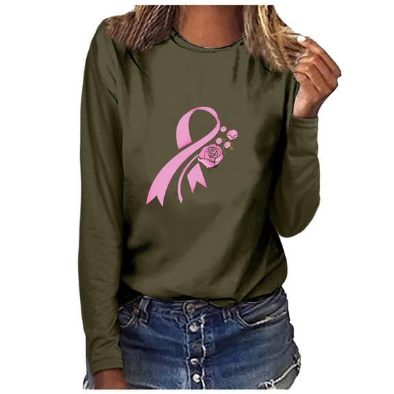 Alkepwun Breast Cancer T-Shirts for Women Long Sleeve Casual Pink Ribbon Print Blouse Loose Crewneck Graphic Tops Fall Clothes