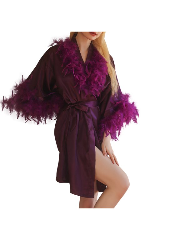 Bridal Robe for Wedding Day Feather Silk Satin Sexy Sheer Mesh Bathrobe Short Dressing Gown Boudoir Bathrobe Bridal Makeup Bridesmaids' Morning Kimono Bathrobe