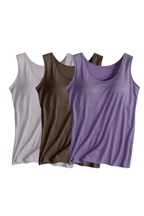 Build in Bra Tank Tops for Women 3 Pack Basic Cotton Tanks Soft Modal Sleepshirt Stretch Padded Sleeveless Undershirts for Yoga Workout Sleeping Traveling