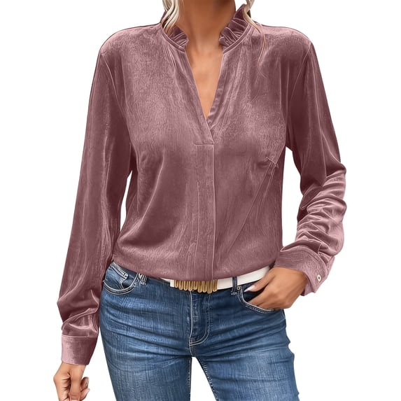 Alkepwun Business Casual Tops for Women Vintage Velvet Long Sleeve Ruffled Collar Soft Cozy V Neck Formal Evening Party Holiday Shirts Blouse