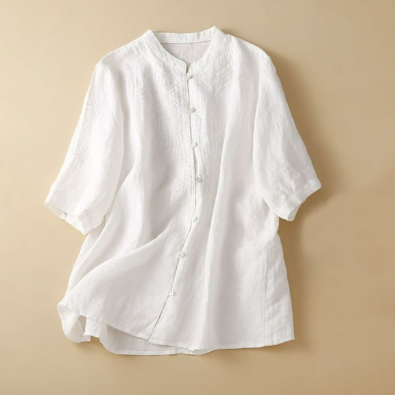 Alkepwun Button Down Shirts for Women Elegant Floral Embroidery Linen Shirts Short Sleeve Crew Neck Dressy Casual Tops Blouses