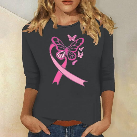 Alkepwun Cancer Shirt Women Breast Cancer Awareness Shirt Casual Butterfly Pink Ribbon Graphic Tee 3/4 Sleeve Tops