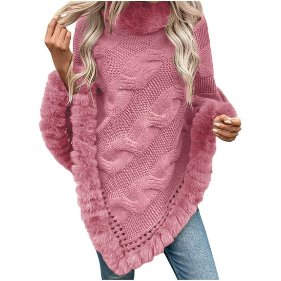 Alkepwun Cape Coat Women Solid Color Round Neck with Fur Chunky Knit Cable Pullover Shawl Sweater Thickened Warm Comfortable Fringe Shawl Soft Casual Home Shawl