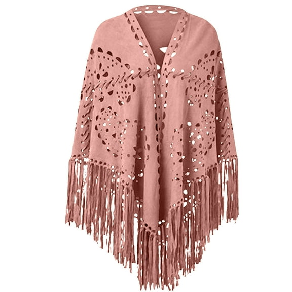 Alkepwun Cape Shawl for Women Solid Color Suede Hollow Out Medieval Cloak Western Style Laser Cut Triangle Poncho with Long Fringe Soft Comfortable Eye-Catching Evening Dress Shawl