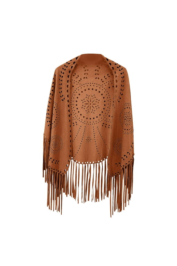 Capes for Women Solid Color Medieval Suede Hollow Laser Cut Triangle Shawl Renaissance Open Front Long Fringe Shawl Soft Comfortable Western Style Hoodless Cape Cloak
